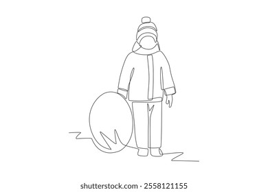 Little girl standing next to giant snow globe. Children playing in the snow concept one-line drawing