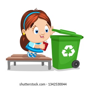 Little girl standing on bench throw empty metal can into green garbage container, bin. Concept of early ecological and environmental protection education. Cartoon illustration isolated on white.