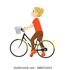 Little girl standing on a bike with one leg smiling from side view flat vector illustration isolated on white background