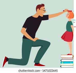 Little girl standing on a pile of books, her father measuring her height, EPS 8 vector illustration