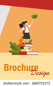 Little girl standing on pile of books. Study, school, pupil flat vector illustration. Education and knowledge concept for banner, website design or landing web page