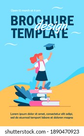 Little girl standing on pile of books. Study, school, pupil flat vector illustration. Education and knowledge concept for banner, website design or landing web page
