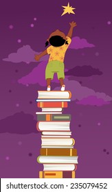 Little girl, standing on a pile of book, reaching for a star