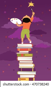 Little girl standing on a pile of books painting a star on the sky, EPS 8 vector illustration, no transparencies 