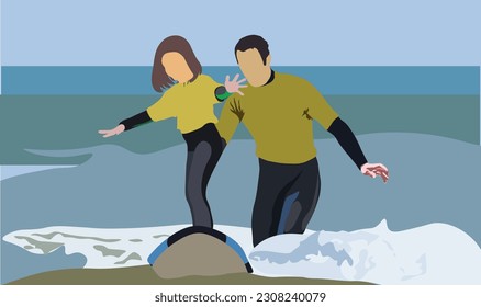 Little girl standing on surfing board in private lesson with a coach on the beach