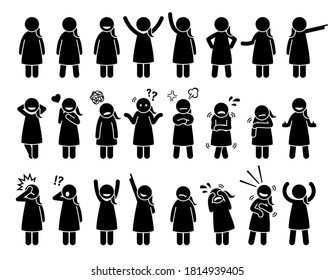 Little girl standing poses, emotions,  feelings, and actions stick figures icons. Vector illustrations of small girl with different body languages. 