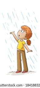 Little girl is standing in the rain. Hand drawn vector illustration with separate layers.
