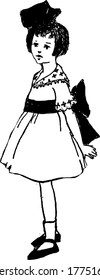 A little girl standing in a specific position and holding his hand at backside vintage line drawing or engraving illustration.