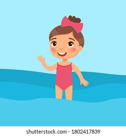 Little girl standing in a swimsuit flat vector illustration. Beautiful child having fun in water, waving hand. Cheerful kid in swimsuit enjoying summer activities color cartoon character