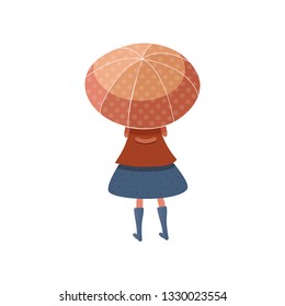 Little girl standing under red umbrella, back view. Kid in raincoat, skirt and boots. Autumn weather. Trendy vector