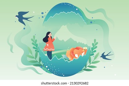 A little girl stands in an egg with a peony on the left, surrounded by flowers and plants, vector illustration