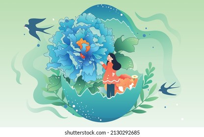 A little girl stands in an egg with a peony on the left, surrounded by flowers and plants, vector illustration