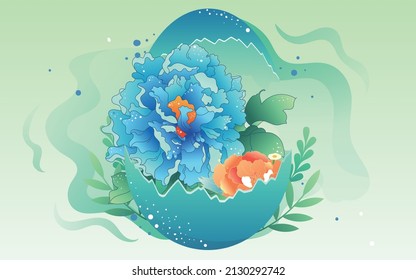 A little girl stands in an egg with a peony on the left, surrounded by flowers and plants, vector illustration