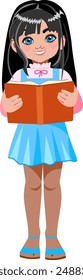 A little girl stands full-length, holding a book in her hands, smiling, a cute child likes to read books Vector