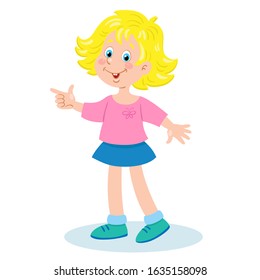 Сute little girl stands and greets us. In cartoon style. Isolated on white background. Vector illustration.