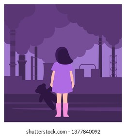 A little girl stands with her back against the background of a factory. Air pollution by enterprises. Environmental problems. Vector flat illustration.