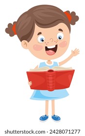 little girl stands with an open book