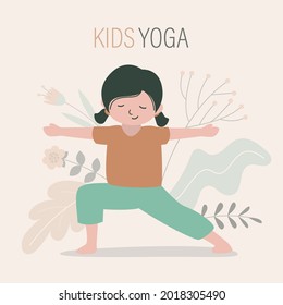 Little Girl Stands In Warrior Pose 2. Female Character Practicing Yoga. Child Doing Yoga Exercises. Kid Stands In Virabhadrasana 2. Healthy Lifestyle. Relaxing Gymnastics, Sports. Vector Illustration