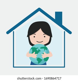 little girl stay at home  with Hugs the Earth