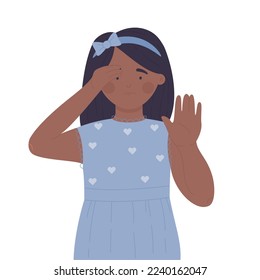 Little girl with stop pose. Kid show warming hand gesture vector illustration