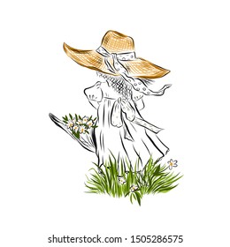 Little girl in straw hat on walk with collected bouquet of wildflowers. 