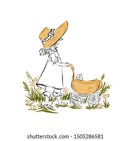 Little girl in straw hat plays outdoors with toy stroller and doll sitting in it. Walk on the summer park. Children's role playing. Book illustration. 