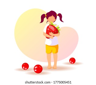 Little girl with strawberry and currants. Healthy eating, Organic food, Dessert, Diet, Fresh berries, Online food ordering, Detox concept. Vector illustration for poster, banner, cover.