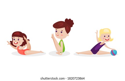 Little Girl Stretching Out and Doing Physical Drill Vector Illustration Set