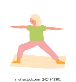 Little girl in stretching yoga pose. Kids practicing yoga sport, children healthy lifestyle cartoon vector illustration