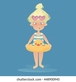 Little girl in a striped bathing suit and a life buoy. She has hearts glasses and blonde hair. Vector cartoon illustration