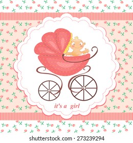 A little girl in a stroller on an abstract background in child pink flower. Pink stroller with the baby.