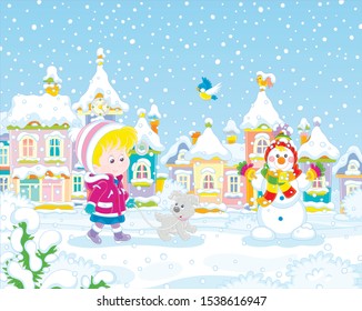 Little girl strolling with a cheerful pup through a snow-covered park of a small colorful town on a snowy winter day, vector illustration in a cartoon style