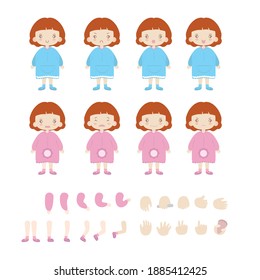 Little Girl Student Character Creation Kit Template with Different Facial Expressions, Hair Colors, Body Parts and Accessories. Vector Illustration.
