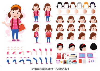 Little Girl Student Character Creation Kit Template with Different Facial Expressions, Hair Colors, Body Parts and Accessories. Vector Illustration.
