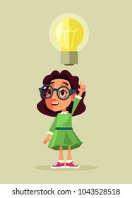 Little girl student character having good idea. Vector flat cartoon illustration