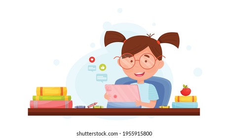 Little girl student during online classes. Flat design, vector illustration. 