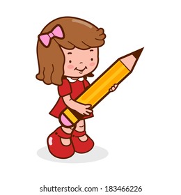 Little girl student holding a big pencil. Vector illustration.
