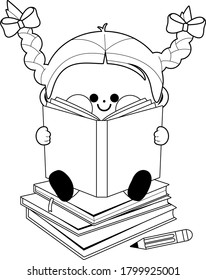 Little girl student reading books. Vector black and white coloring page.