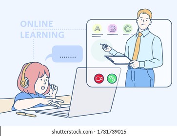 Little girl student wear wireless headphone studying online with video call teacher. Online learning concept. Hand drawn in thin line style, vector illustrations.