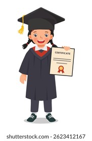 Little girl student wearing graduation gown showing certificate diploma