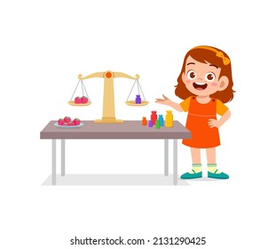 Little Girl Study About Weighing Scale To Balance Object