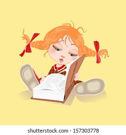 A little girl studying a book isolated on pastel background