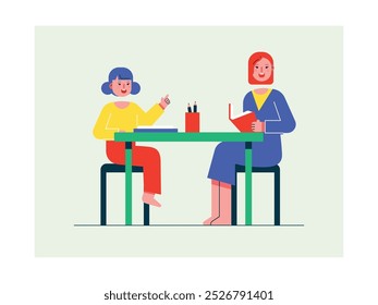 Little girl studying with female teacher, sitting listening to explanation. Homeschooling. Design character. Vector flat illustration