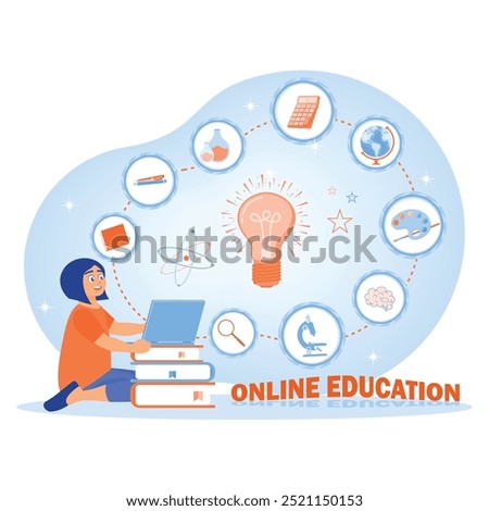 Little girl studying at home using laptop and books. Educational elements and software for learning. Online Education concept. Flat vector illustration.