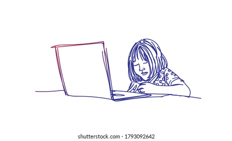Little girl studying with laptop, taking notes. Vector illustration on a white background.	