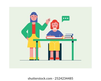 Little girl studying with teacher in study room, homeschooling. Character design. Vector flat illustration