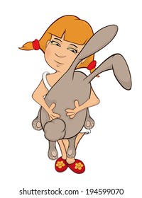 The little girl and  stuffed toy rabbit cartoon 