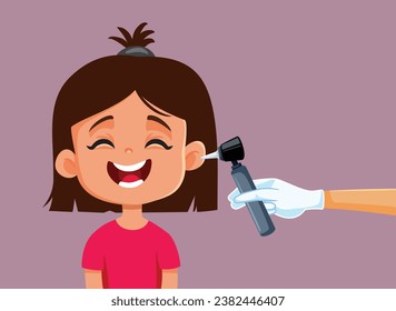 
Little Girl Submitted to an Ear Check Vector Cartoon Illustration. Happy child checking her hearing at the doctor 
