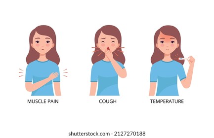 Little Girl Suffering from Cough and High Temperature Vector Set