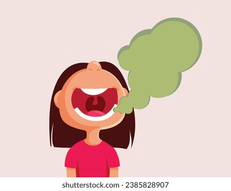 
Little Girl Suffering from Halitosis Vector Cartoon illustration. Kid suffering from bad breath health problem due to poor oral hygiene
